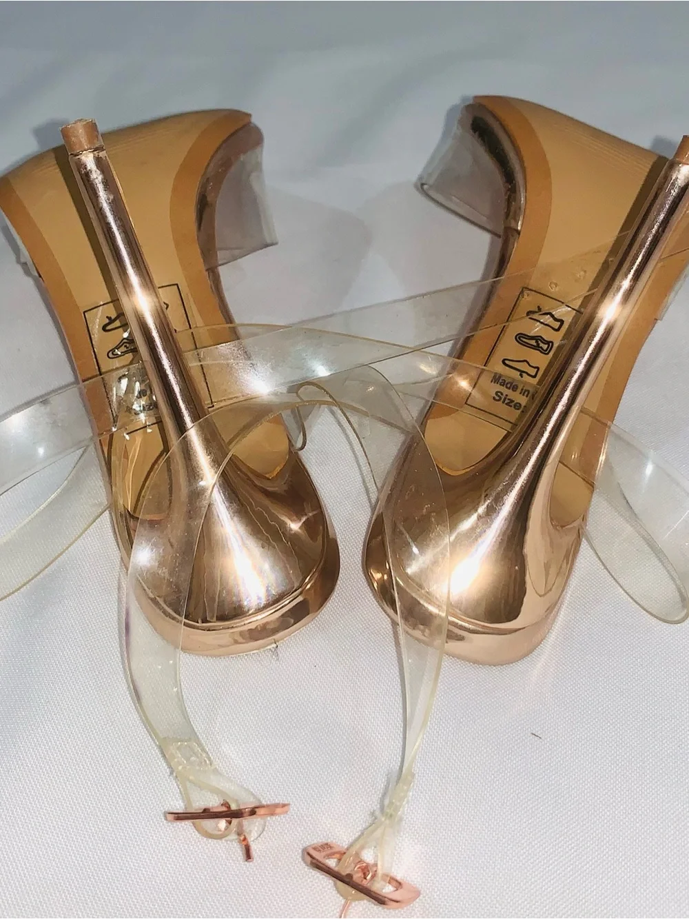 Shoe Republic LA Clear Strap Pointed Toe Heels in Rose Gold